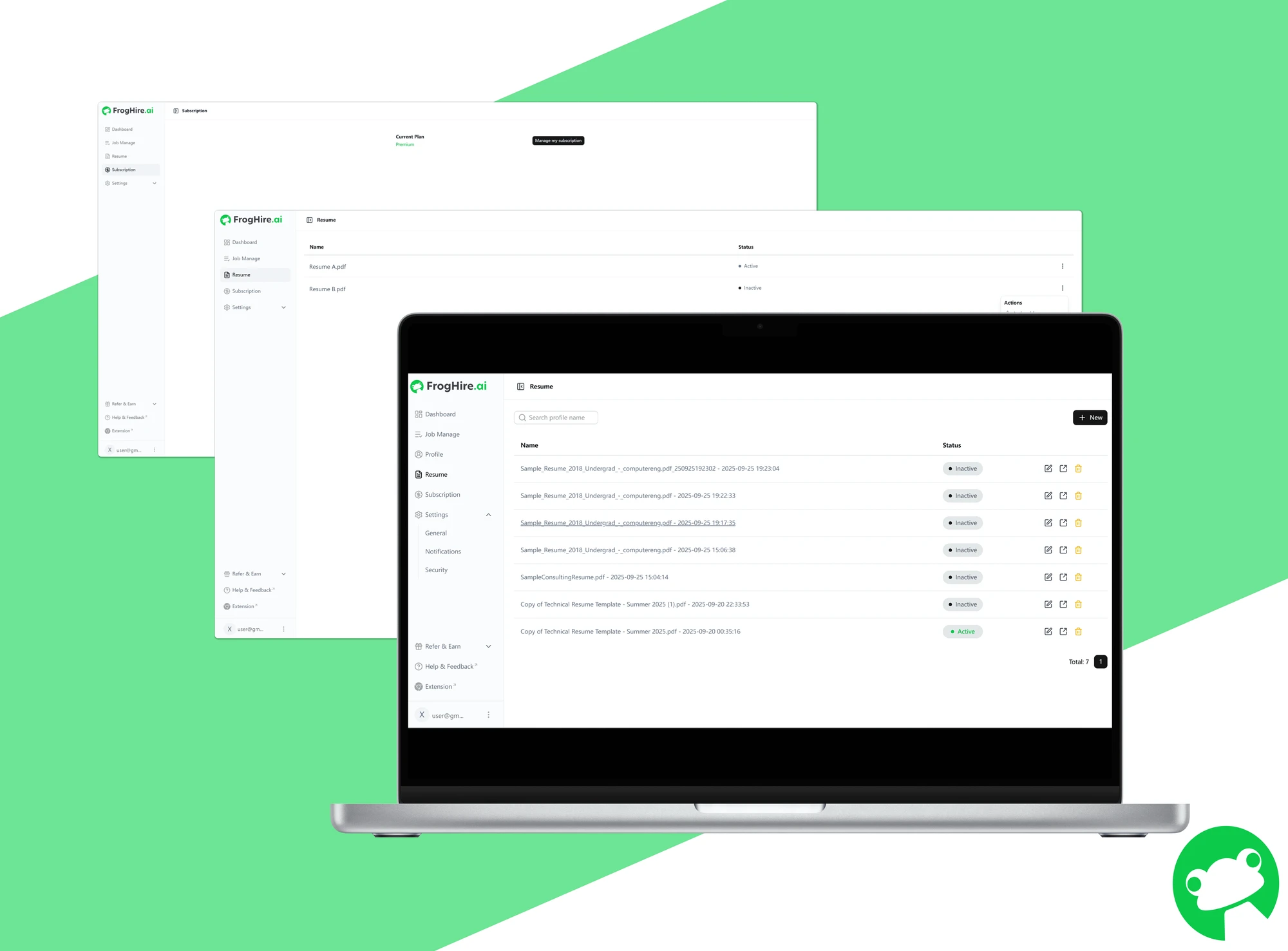 Montage of the shipped dashboard: the subscription page pared to its price, and the resume manager with one active resume