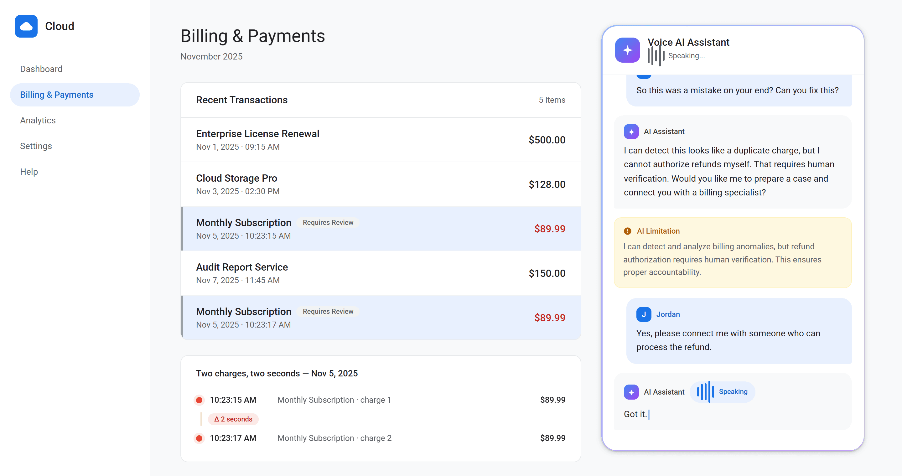 AI-generated Google Cloud voice prototype: the billing console with the voice assistant mid-conversation over the duplicate-charge case.