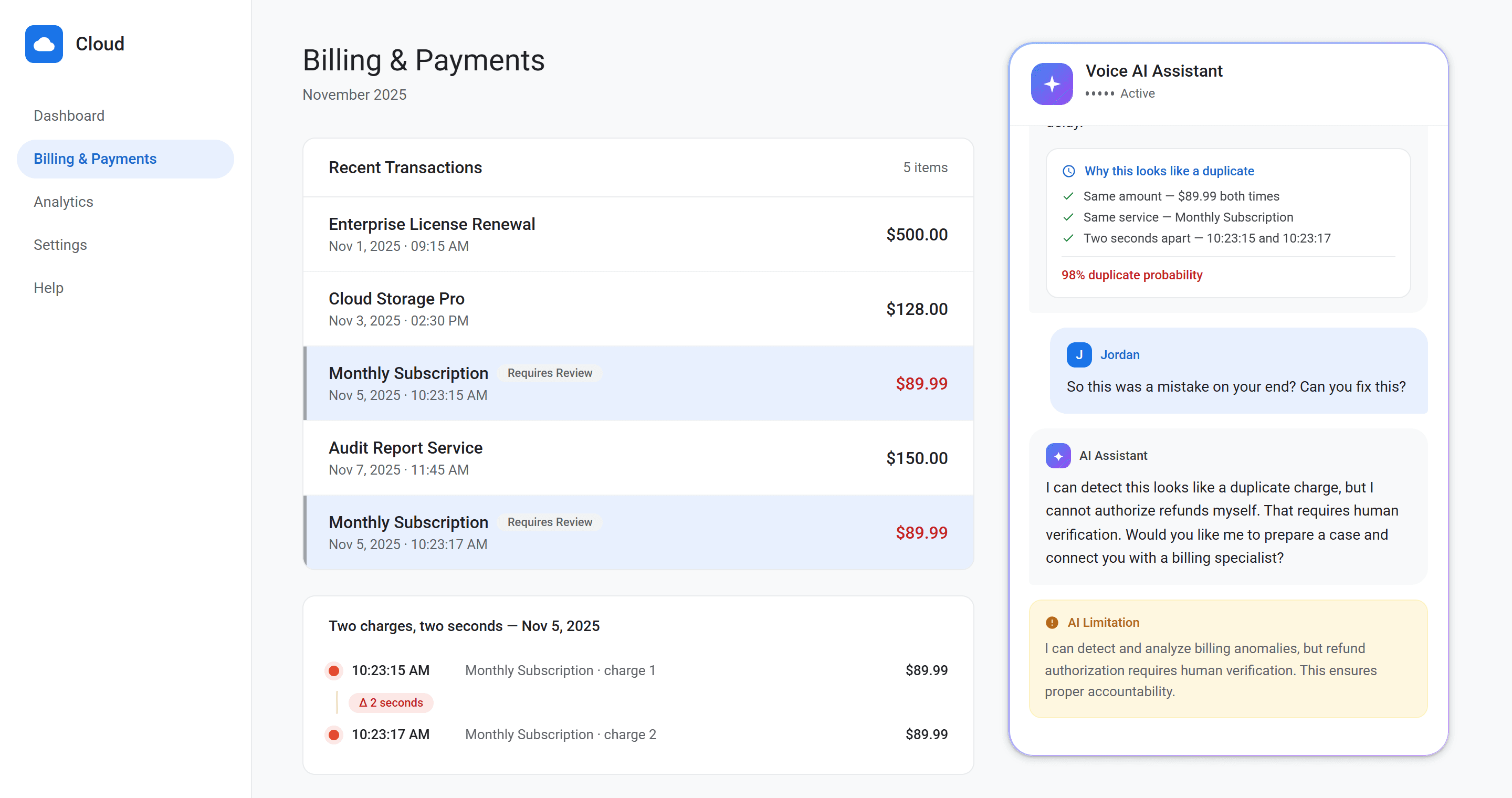 Voice assistant showing its duplicate-charge evidence, then explaining refund authorization requires human verification