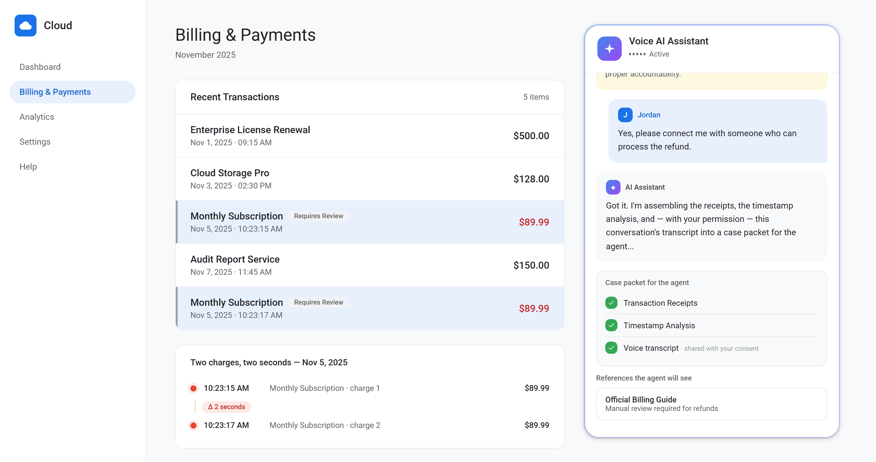 Case packet assembling: transaction receipts, timestamp analysis, and a voice transcript shared with consent