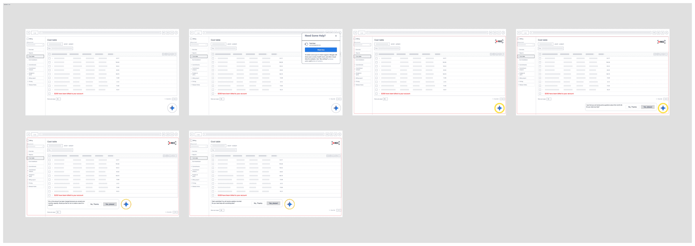 Lo-fi storyboard of the all-AI support world: proactive help popups and recording badges over a billing console