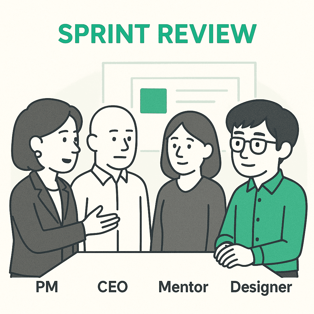 Illustration of the sprint review: PM, CEO, mentor and designer