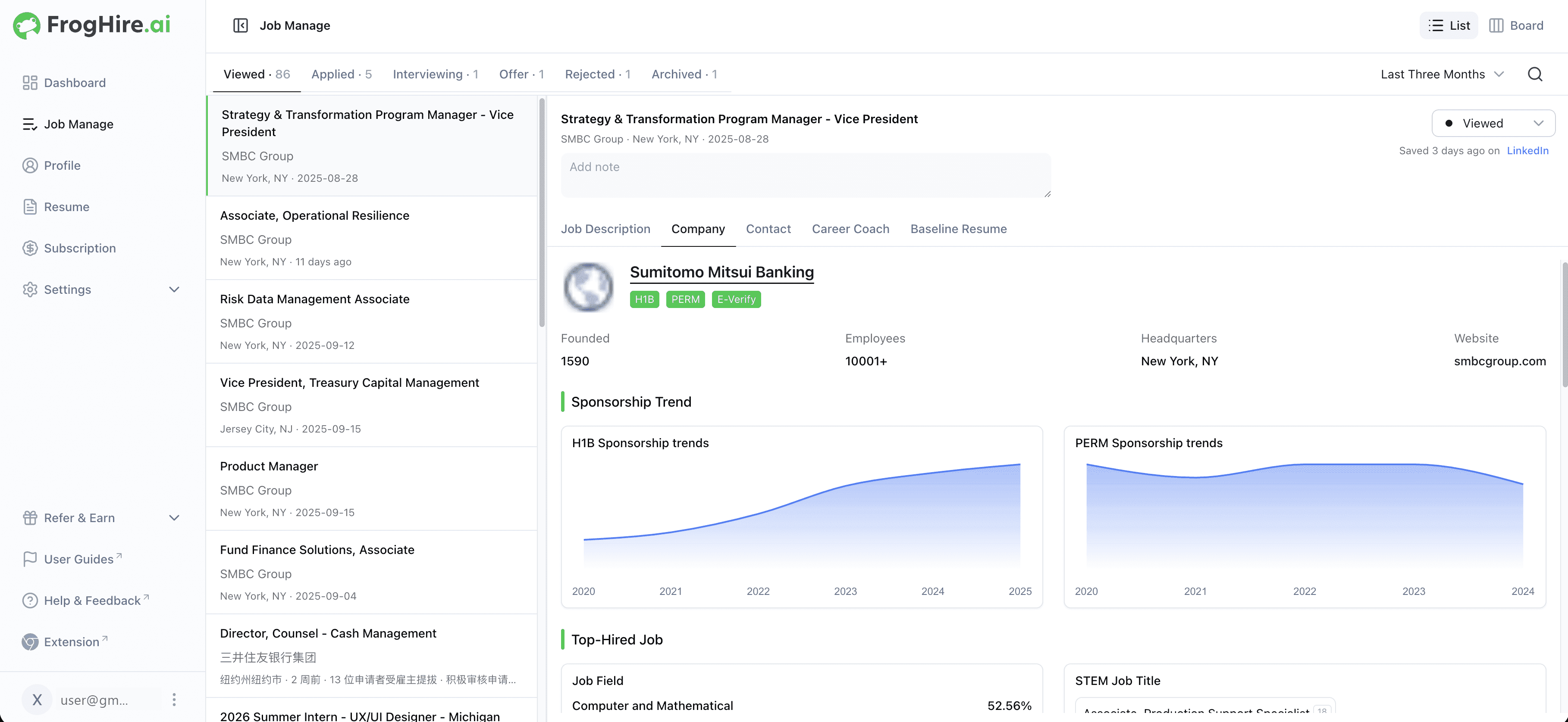 The FrogHire web dashboard: job manage board with status tabs for viewed, applied and interviewing roles
