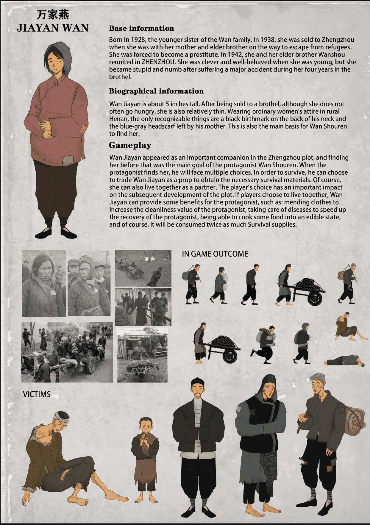 Character concept sheet for Jiayan Wan with biography and gameplay notes, refugee reference photographs, pixel sprites, and famine-victim character studies.