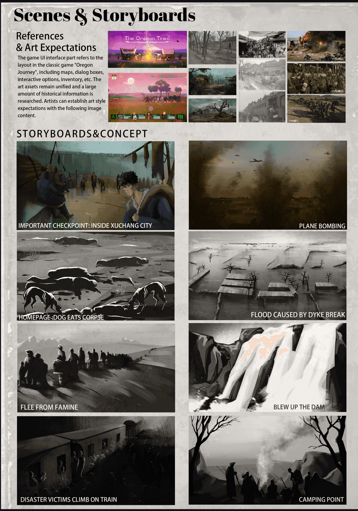 Storyboard and concept board: Oregon Trail interface references and staged scenes including the plane bombing, the dyke-break flood, fleeing famine, victims climbing onto a train, and a camping point.