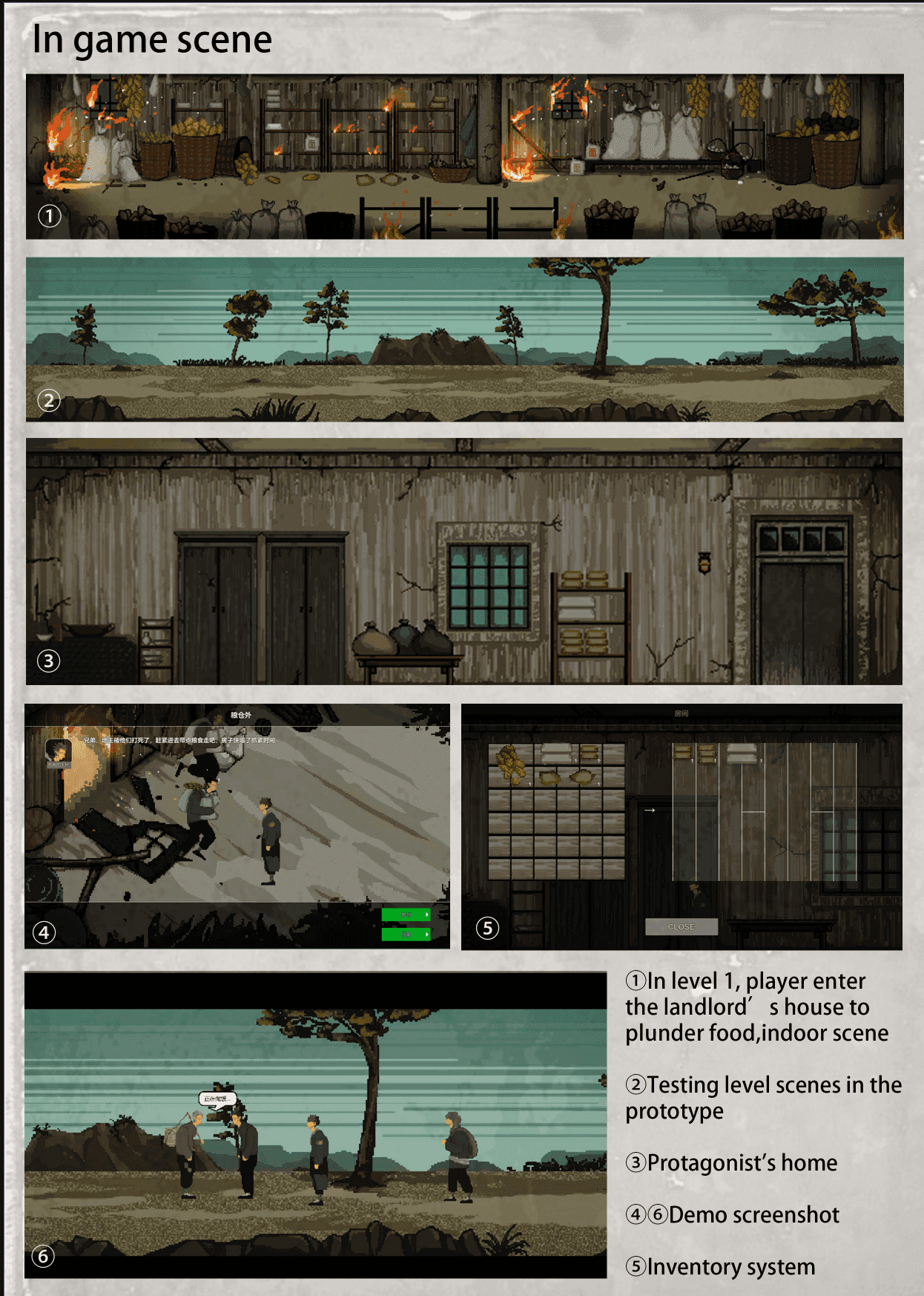 In-game pixel-art scenes: the landlord's burning granary, prototype level landscapes, the protagonist's home, a dialogue scene with choices, and the inventory system.
