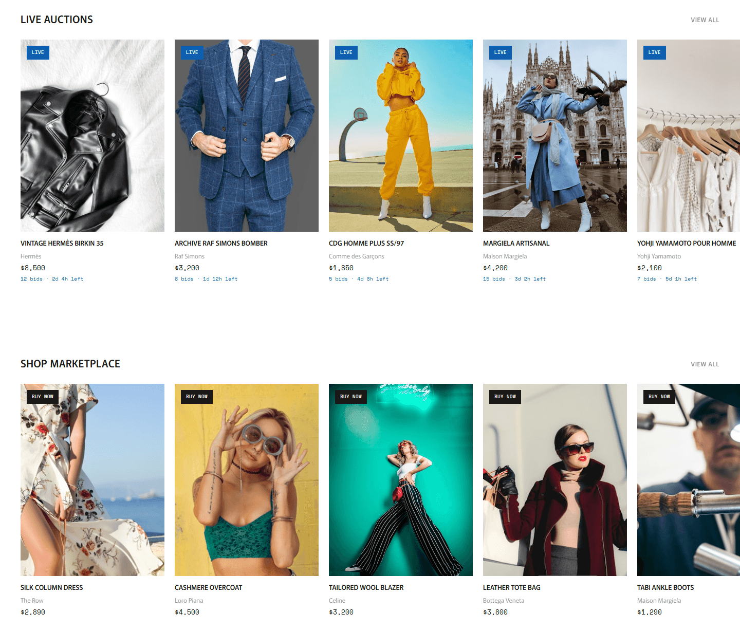 An AI-generated HTML draft: colorful live-auction and marketplace product rows under bold section headers.
