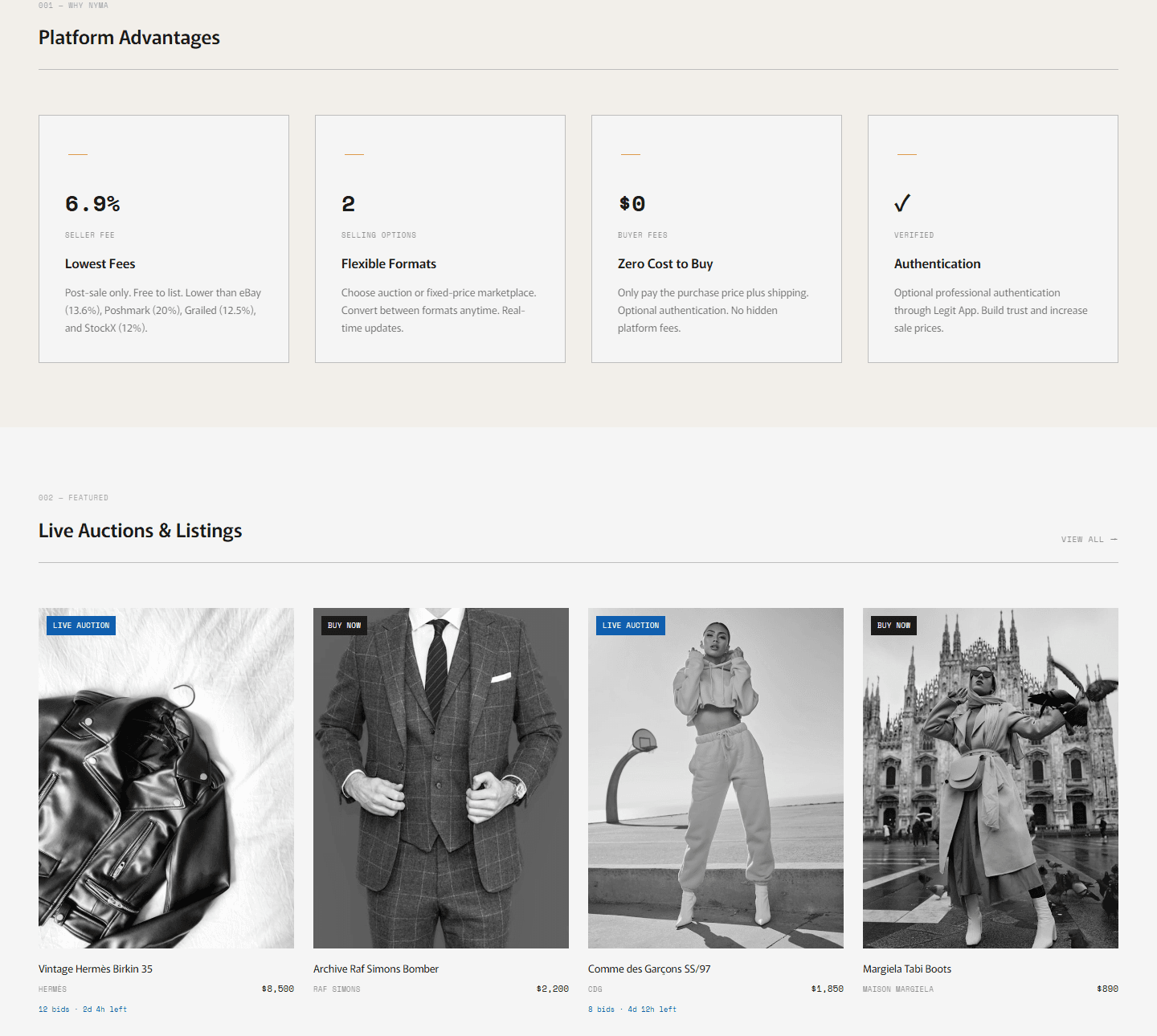 An AI-generated HTML draft: a monochrome Platform Advantages card row and grayscale auction listings, typeset in mono.