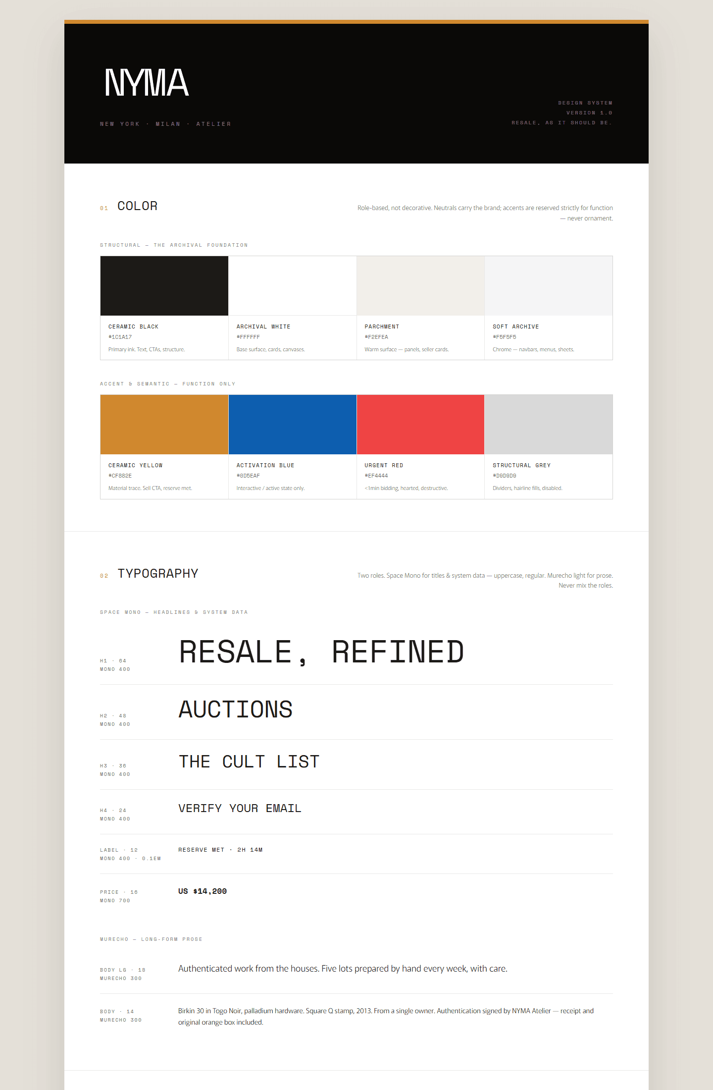 The codified NYMA design system as one standalone page: role-based color documentation and the two-role typography rules, generated from the repo.