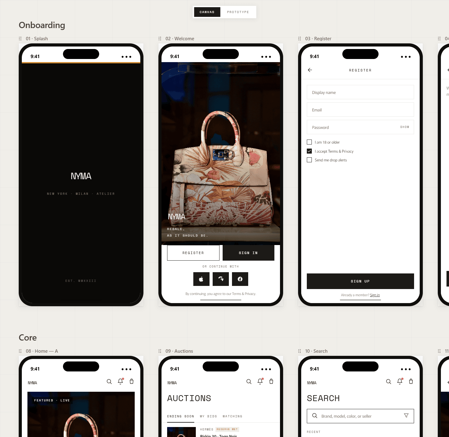 The mobile prototype canvas: onboarding and core flows laid out as connected screens the team can build against.