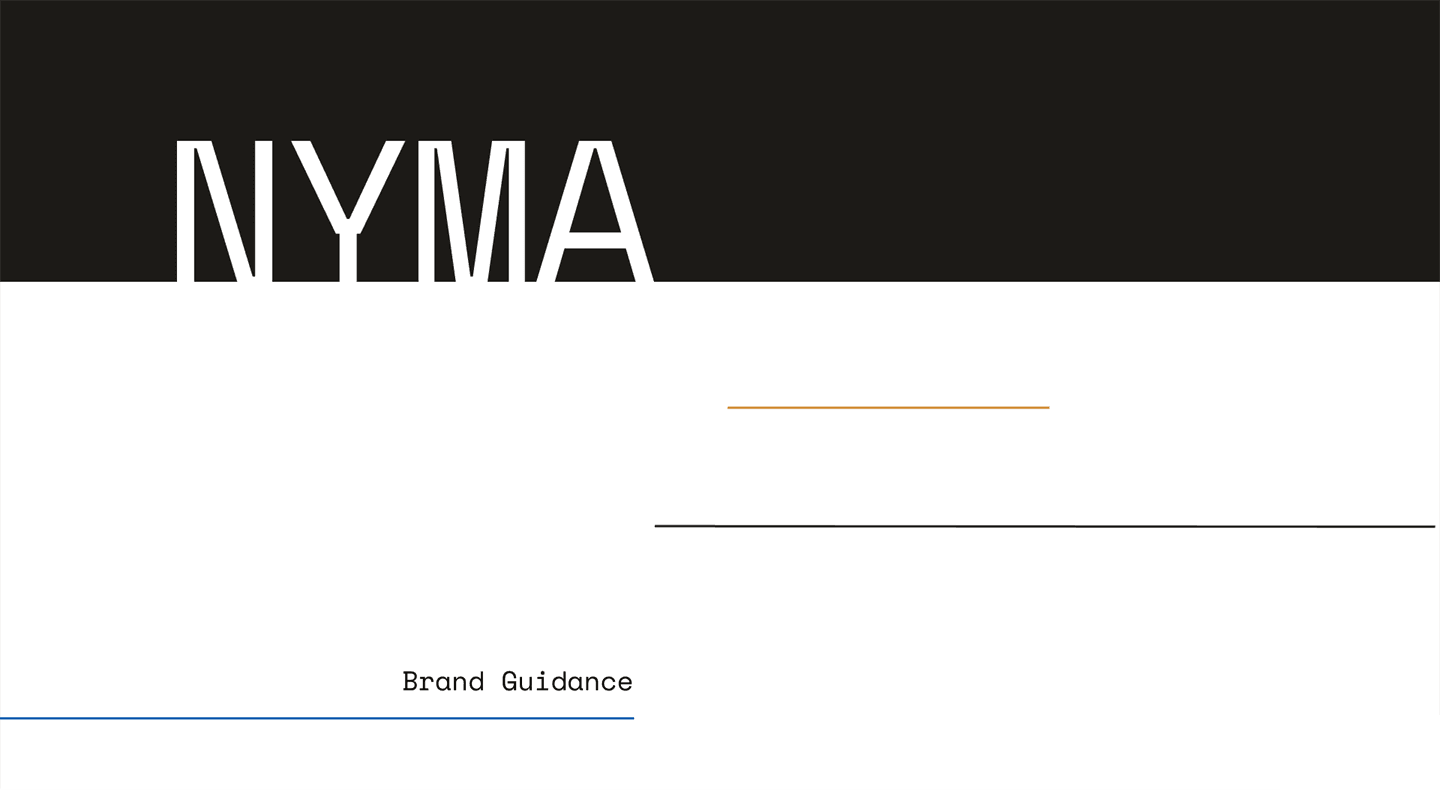 The manual cover: a white NYMA wordmark cropped by the edge of a black band, above the words Brand Guidance.