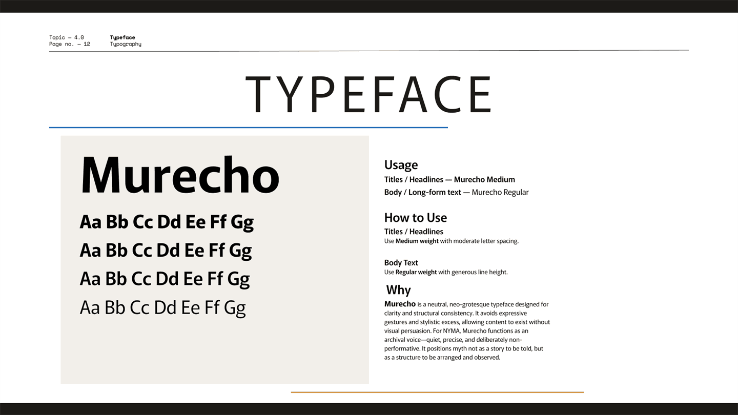 The Typeface page: Murecho specimens with usage rules — Medium for titles, Regular for body.
