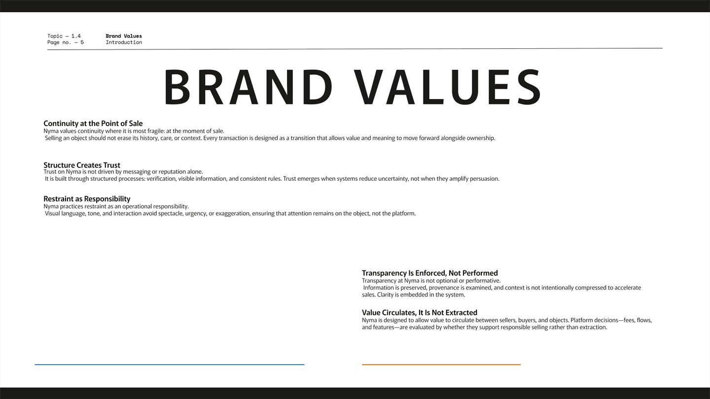 The Brand Values page: continuity at the point of sale, structure creates trust, restraint as responsibility, transparency enforced, value circulates.