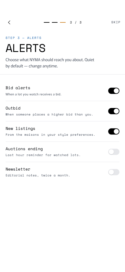 The Alerts onboarding step: quiet-by-default notification choices.