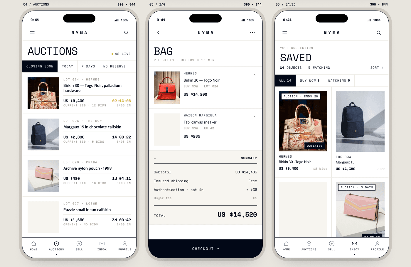 Three mobile screens in device frames: Auctions with live lots and countdowns, Bag with reserved objects and an authentication opt-in, and Saved with watched lots.