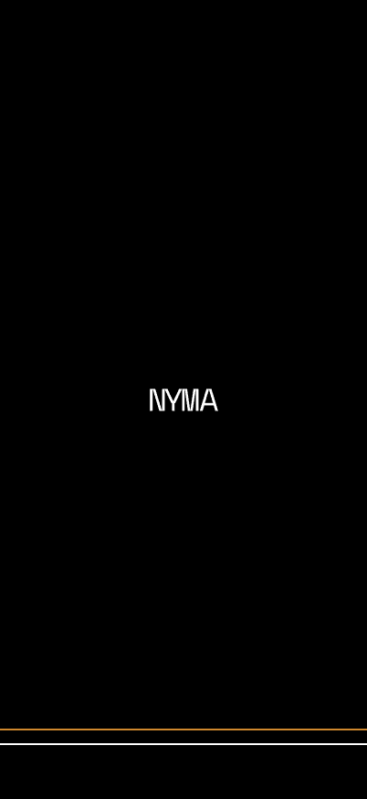The mobile splash screen: NYMA on Ceramic Black.