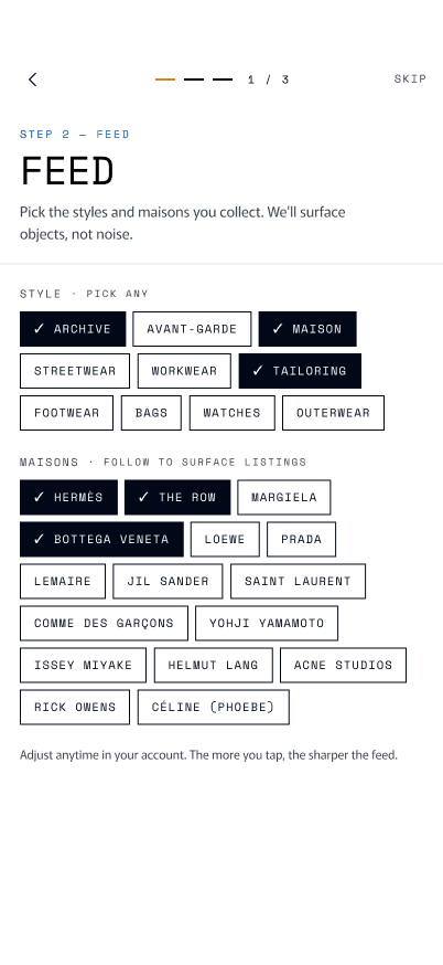 The Taste onboarding step: style and maison chips the user collects.