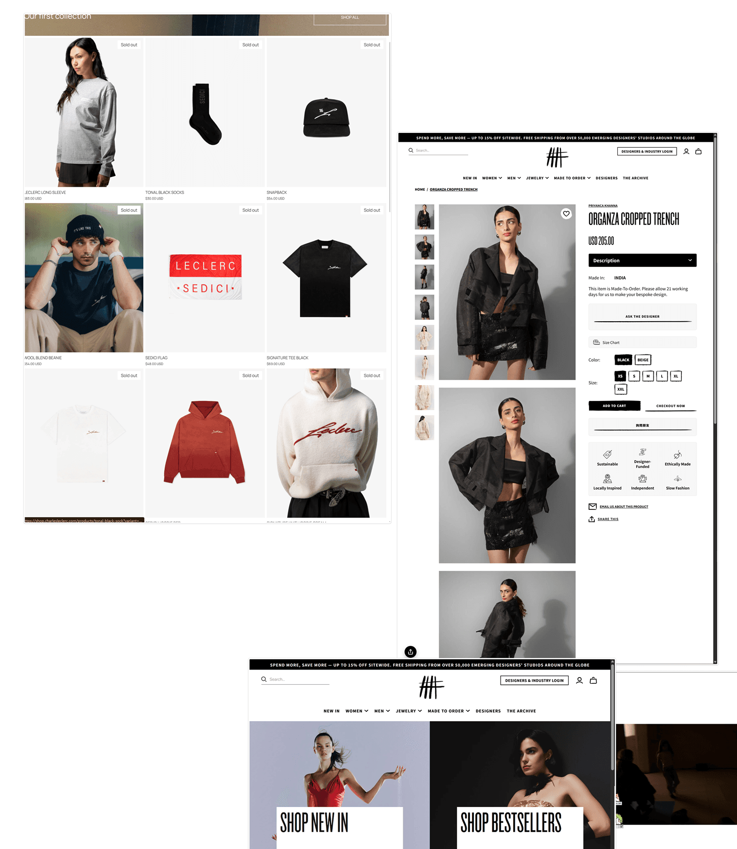 Moodboard slice: editorial e-commerce references — product grids, model photography, studio stills.