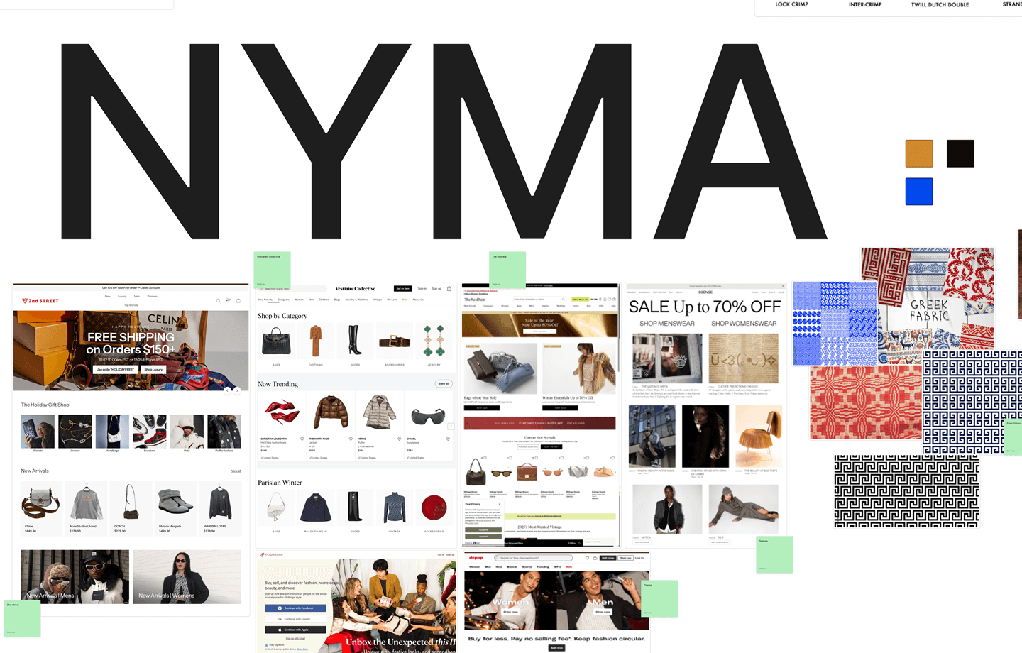 Moodboard slice: a giant NYMA wordmark test beside early palette chips, resale-platform screenshots, and Greek textile patterns.
