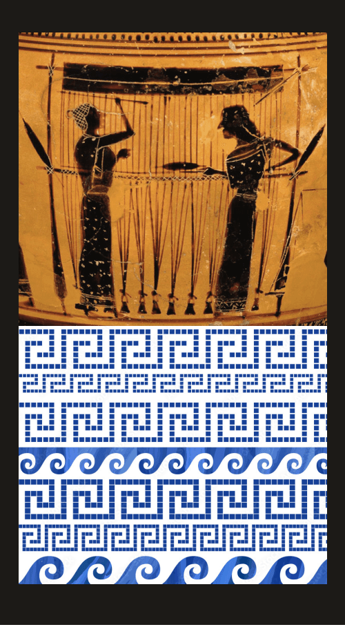 A Greek black-figure vase painting of two weavers at a loom, above rows of meander and wave patterns.