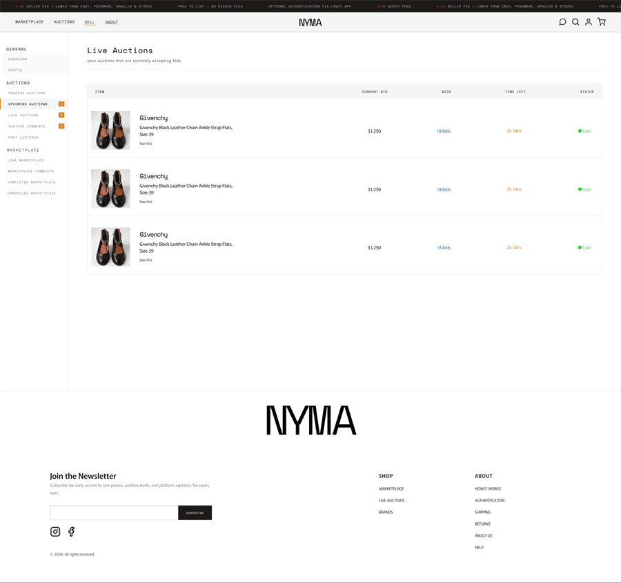 Nyma desktop mock: Auctions — live.