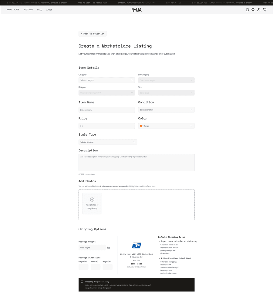 Nyma desktop mock: Marketplace — listing intake.
