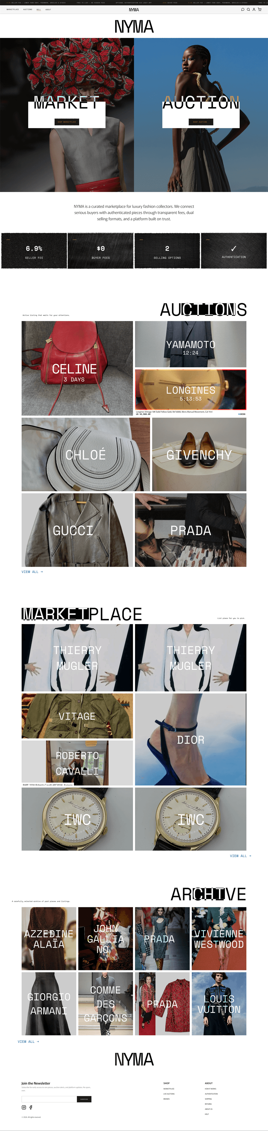 The Nyma onboarding page at full length: splash imagery, taste selection, size setup, and alert preferences paced editorially down one scroll.