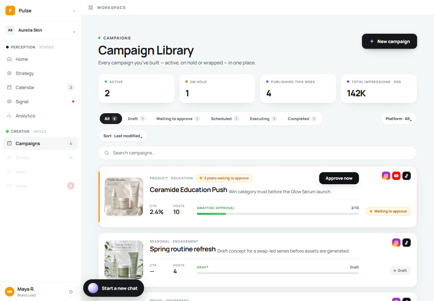 The rough campaign prototype: a flat Campaign Library — a KPI strip, filter tabs, search, and a scroll of campaign cards, with the assistant collapsed to a chat pill