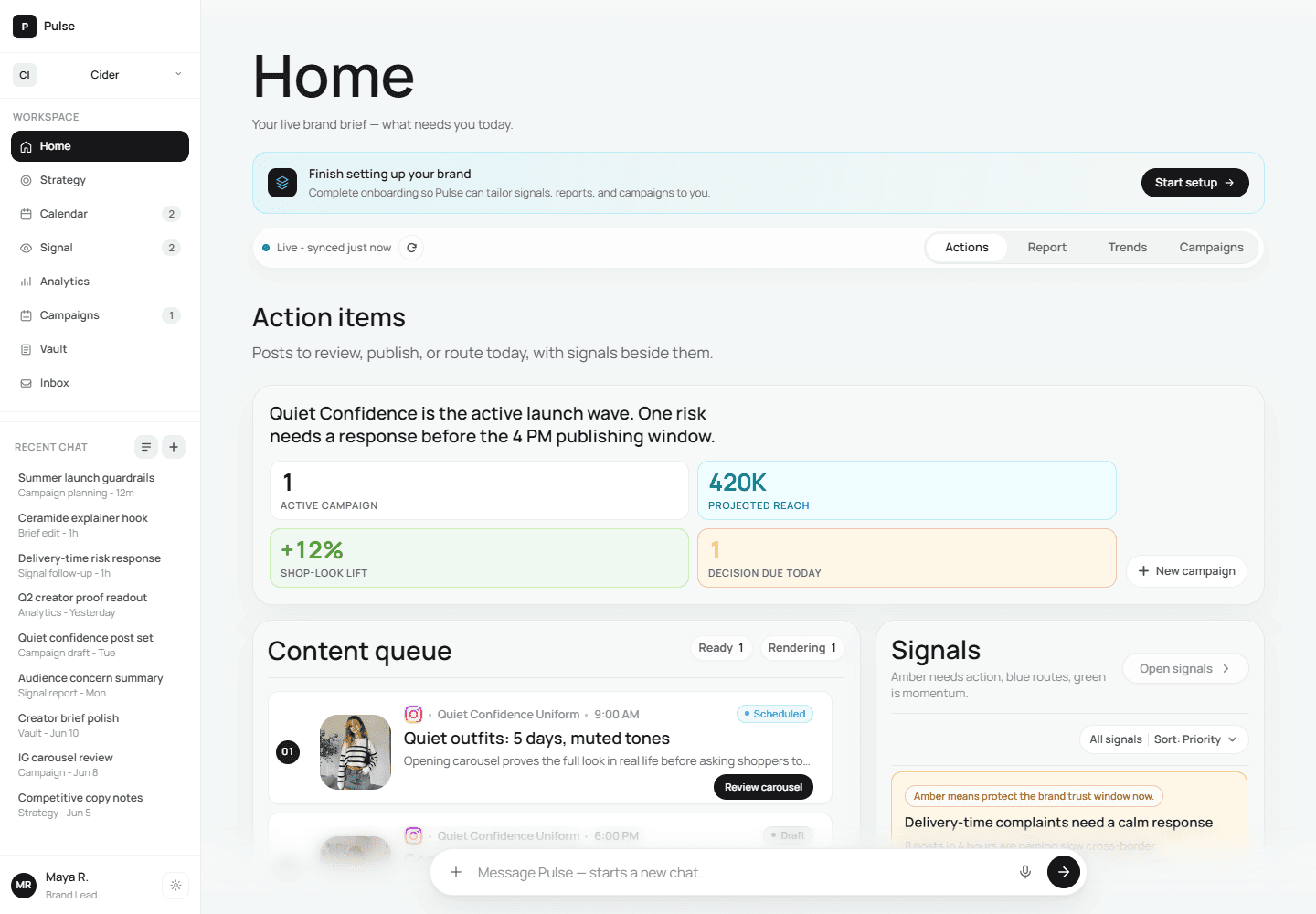 Pulse app Home page: workspace sidebar for the demo brand, action-item KPI tiles, content queue, and signals feed