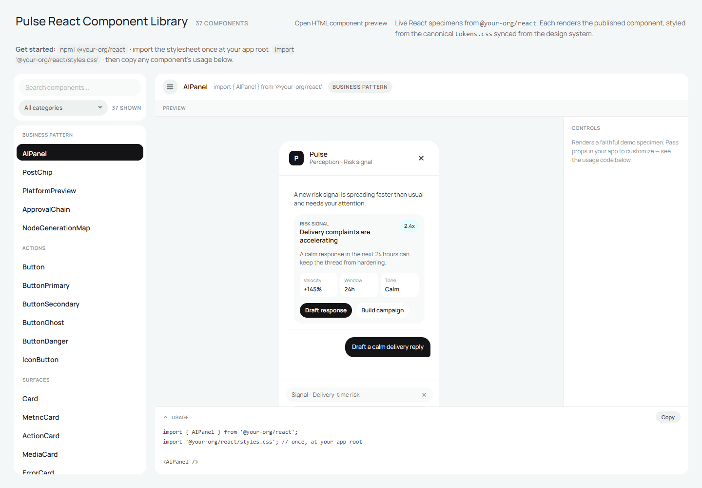 Pulse React component library playground: AIPanel rendered from the package, with copyable usage code