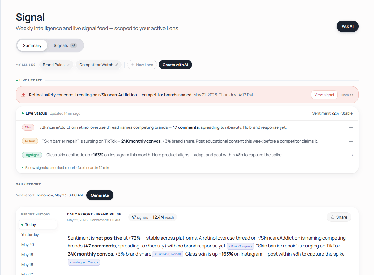 The early Signal feed: pill-shaped tabs, a pink alert banner, and status chips in one-off colors