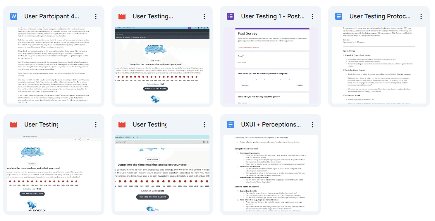 Research drive of user-testing artifacts: participant protocols, session recordings, post-test surveys, and a UX-and-perceptions question guide.