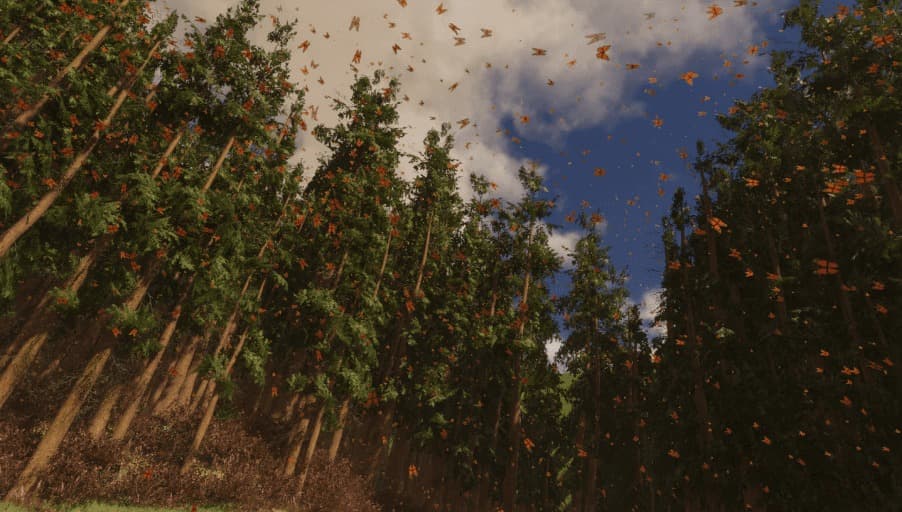 In-headset view of the VR scene: a colony of monarch butterflies lifting off conifer trees into a clouded blue sky