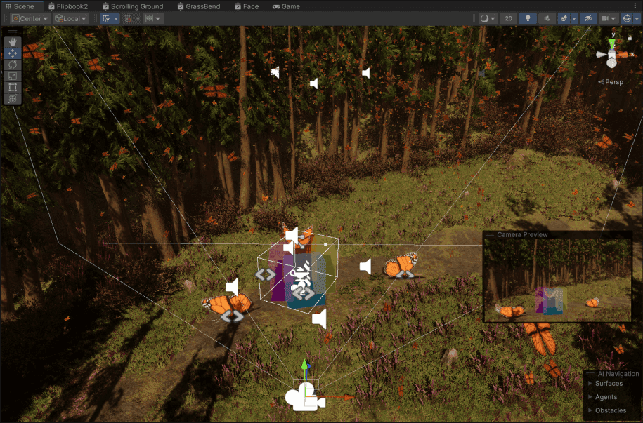The Unity editor scene view: the grove with audio-source gizmos, a camera preview inset, and the AI navigation panel open