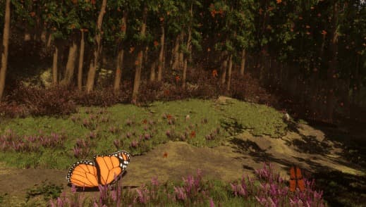 Ground-level render: a monarch among wildflowers, forest light falling across the clearing