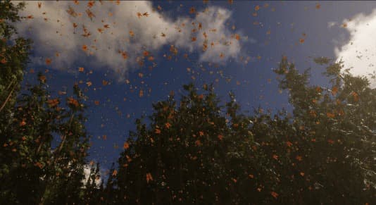 Render of the swarm scattered across open blue sky above the treeline